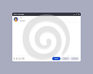 Email window template, new message interface mockup. Computer desktop screen of mail isolated. Abstract window for