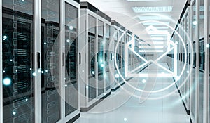 Emails exchange over server room data center 3D rendering