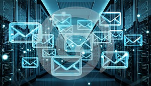 Emails exchange over server room data center 3D rendering