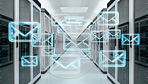 Emails exchange over server room data center 3D rendering