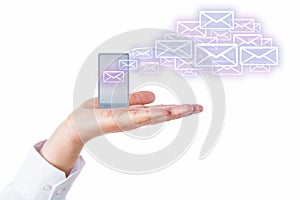 Emails Leaving Cell Phone In A Palm For The Cloud