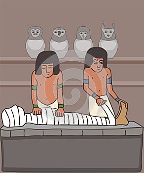 Embalmers treating the mummy cartoon