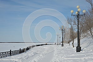 On the embankment of the Amur River, winter, Khabarovsk, Russia.