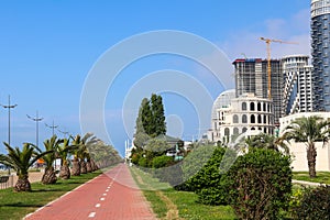 Embankment of Batumi with alley of palm trees, bicycle path and modern architecture