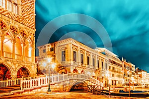 Embankment of the Grand Canal and the Doge`s Palace Palazzo Ducale in night time, Venice. Italy