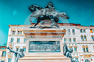 Embankment of the Grand Canal with tourist near  Doge`s Palace. The Victor Emmanuel II Monument Monumento Nazionale a Vittorio