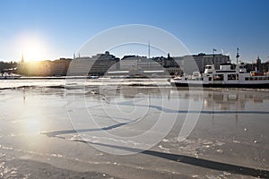 Embankment in Helsinki in winter, view from the bay