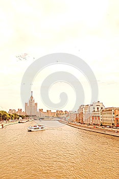 Embankment of Moscow river with view of hotel Ukraina