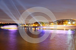 Embankment of the Moskva River and Luzhniki Stadium, night view, Moscow, Russia