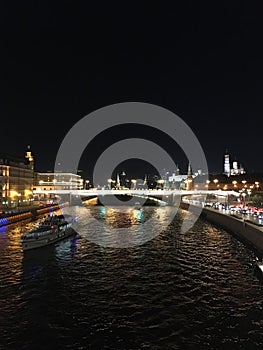 Embankment of Moskva River near Kremlin at Night in September in Moscow, Russia.