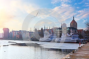 Embankment of the Motlawa in Gdansk, view on the historical buildings and ships