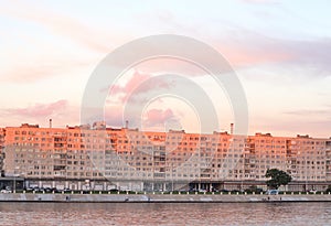 Embankment of Neva river at sunset.