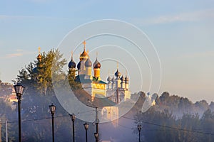 Embankment of the Oka river in morning fog in Murom, Russia