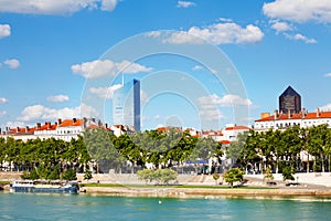 Embankment of the Rhone river at sunny day, Lyon