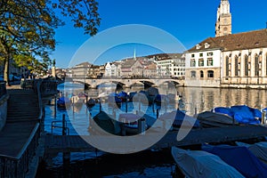 Embankment of river Limmat with Fraumunster church, Zurich, Switzerland