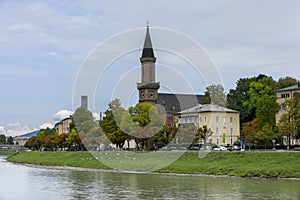 Embankment of river Salzach in Salzburg. Autumn