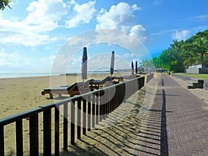 Embankment tropical island. Zen concept. Desert beach, pathway , early morning. Sanur beach, Bali, Indonesia