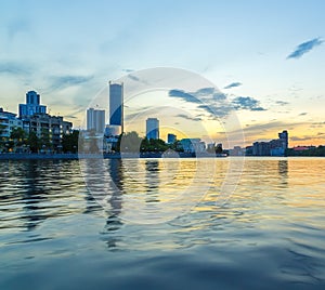 Embankment Yekaterinburg summer evening. Russian Ural town Yekaterinburg skyline