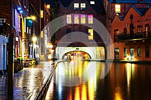 Embankments during the rain in the evening at famous Birmingham canal in UK