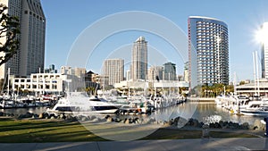 Embarcadero marina park, big coral trees near USS Midway and Convention Center, Seaport Village, San Diego, California USA. Luxury