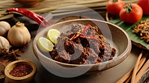 Embark on an aromatic journey with Rendang Padang. Generative Ai photo