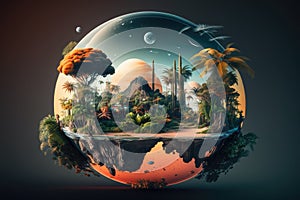 Fantasy planet with palm trees and island photo