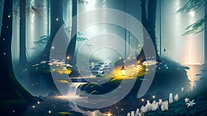 Mystical Waterfall: Enchanting Journey through a Misty Druid Forest with Fireflies and Lanterns