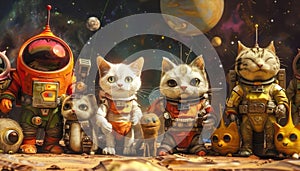 Embark on a cosmic adventure with these adorable astronaut cats and their quirky robot pal