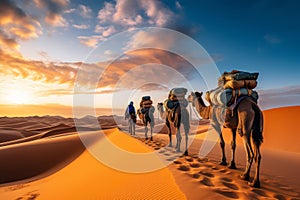 Embark on an epic journey. tourists hiking and riding camels amidst breathtaking scenic backdrops