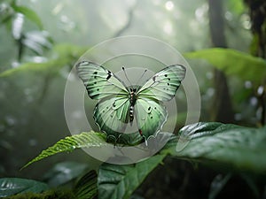 A verdant butterfly exploring a rainforest in the morning haze
