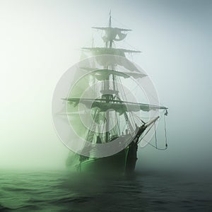 Mystic Voyage: Sailing Ship Enveloped in Enigmatic Bermuda Fog