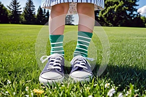 Kid standing in outdoor grass field wearing vibrant socks with stylish white and blue sneakers. National Socks Day Elegance