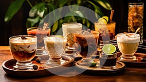 Embark on a tropical journey with an enticing display of various summer style tiki bar cocktails.