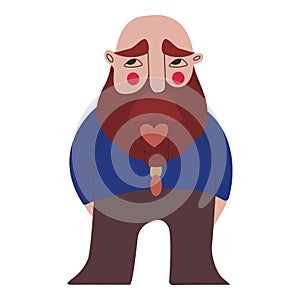 An embarrassed bald dwarf with red cheeks, a brown beard, braided with a gold hairpin. Vector illustration for packaging