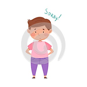 Embarrassed Boy Putting Arms Behind Back Feeling Sorry and Expressing Regret Vector Illustration