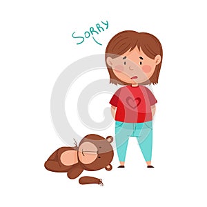 Embarrassed Little Girl with Guilty Look Demonstrating Sorrow and Begging Pardon for Ripped Bear Toy Vector Illustration