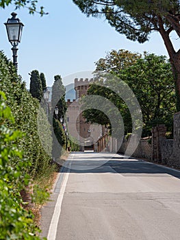 Embattled Tower of the Medieval Castle at the Entrance to the Village of Bolgheri photo