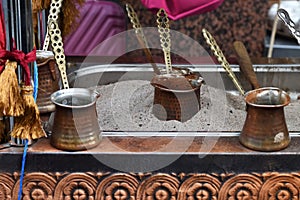 Ember Turkish coffee. Roasted Turkish coffee. Traditional nubian coffee making. Coffee turk on the coal