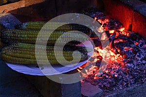 The embers glowed in the background. Corn on a cob on a plate. Banner with embers in the background in the fireplace photo