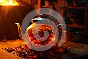 embers glowing under kettle for brewing mate tea