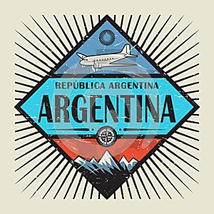 Emblem with airplane, compass, mountains and text Argentina