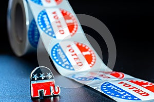 Emblem of the American Republican Party, an elephant, along with voting stickers on Election Day