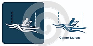 Emblem of Athlete in kayak paddling and navigating through waves and slalom gates.