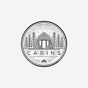 Emblem of Cabin Logo Line Art Design Vector Illustration Icon, Wooden Cabin, Cabin Forest, Cottage, Wood Cabin