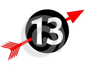 Emblem with digit thirteen, white number 13 in black circle pierced by red arrow