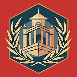 A emblem featuring a central building surrounded by red and blue elements, A clean, geometric logo representing a prestigious photo