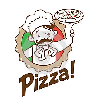Emblem of funny cook or baker with pizza and logo