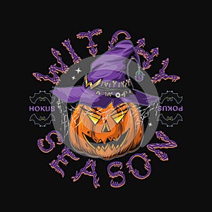 Emblem with funny pumpkin like witch, purple hat with cobwebby veil, text