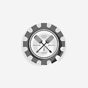 Emblem Gear Screwdriver Vintage Logo, Spanner Illustration Design Vector, Maintenance Mechanical Engineering Concept