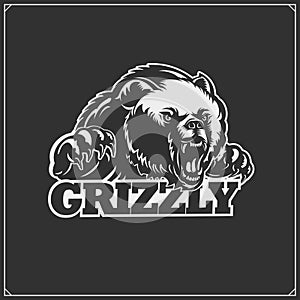 The emblem with grizzly bear for a sport team. Print design for t-shirts.